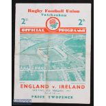 1937 England v Ireland Rugby Programme: Twickenham 4pp card style, a somewhat grubby fold, for