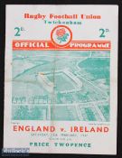 1937 England v Ireland Rugby Programme: Twickenham 4pp card style, a somewhat grubby fold, for