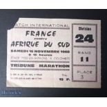 1968 France v South Africa Rugby Ticket: From the Test match played at Stade Colombes, Paris, 6th