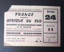 1968 France v South Africa Rugby Ticket: From the Test match played at Stade Colombes, Paris, 6th