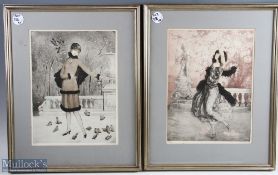 c1930 Deco Two Paul Emile Felix Signed Limited Etchings Female Prints one is known as "L'HIVER",