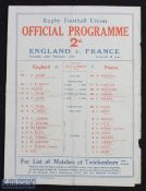 Scarce 1930 England v France Rugby Programme: Paper-style 4pp teams-on-front Twickenham issue for