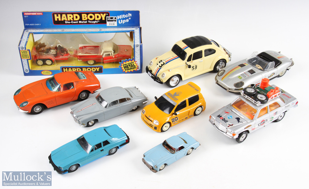 Mixed Selection of Large Scale Cars inc unnamed tin plate friction drive Jaguar E Type rally car,