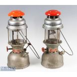 Pair of Aida Express 1500 German 500 Lanterns, both have orange/red enamel tops and Duran glass, #