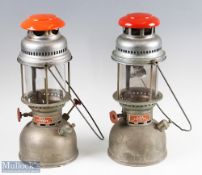 Pair of Aida Express 1500 German 500 Lanterns, both have orange/red enamel tops and Duran glass, #