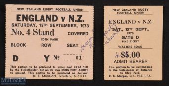 Rare 1973 NZ v England Test Rugby Ticket: Both parts, neatly detached along perforations, name to