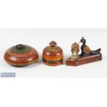 3x Period Indian Carved Wood Treen Peacock Box, with 2 other treen turned storage jars, the