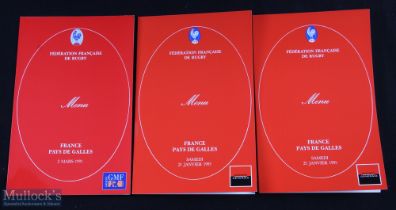1991/1995 France v Wales Rugby Dinner Menus (3): From the games in 1991 & 1995(2). VG