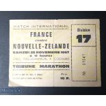 1967 France v New Zealand Rugby Ticket: From the Test match played at Stade Colombes, Paris, 25th
