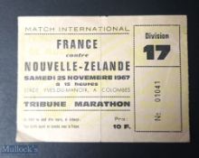 1967 France v New Zealand Rugby Ticket: From the Test match played at Stade Colombes, Paris, 25th