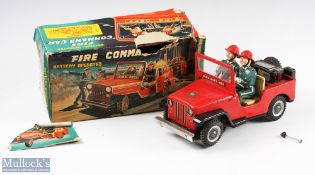 TN, Japan Battery Operated Tinplate Fire Command Car in red with driver and passenger with folding