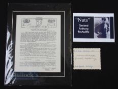 Anthony Clement "Nuts" McAuliffe signed autograph collector card, with a reproduction Merry