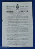 1925 Vintage Moseley v Leicester Rugby Programme: Single buff A5 sheet in remarkably clean, crisp