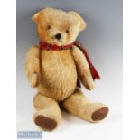 Large English 29" Mohair Teddy Bear, straw filled and with 5 joints, glass eyes, leather pads to