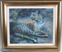 Rolf Harris (Signed) Leopard Reclining at Dusk Picture Limited Edition Colour Print on Board,
