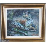 Rolf Harris (Signed) Leopard Reclining at Dusk Picture Limited Edition Colour Print on Board,