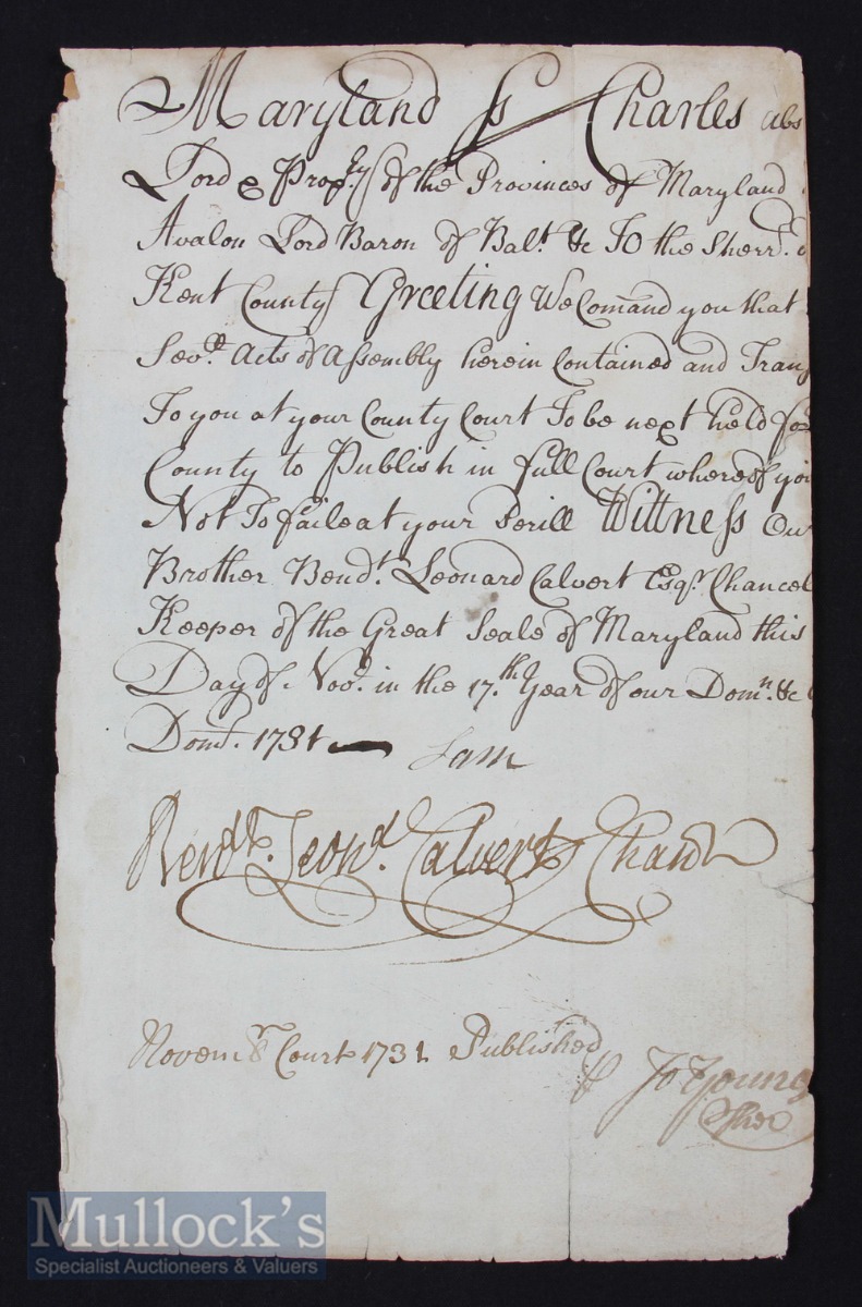 1731 American USA 18th century handwritten document signed by Benedict Leonard Calvert, Lord and