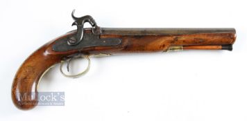 19th century Percussion Pistol with walnut stock and engraved lock with brass trigger guard, no