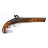 19th century Percussion Pistol with walnut stock and engraved lock with brass trigger guard, no