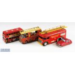 Four Tinplate Toy Vehicles Joustra, France clockwork fire engine with detachable ladder, Japan