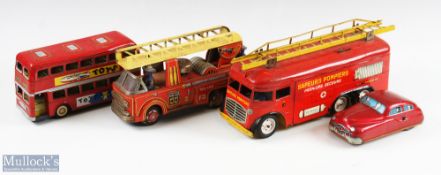 Four Tinplate Toy Vehicles Joustra, France clockwork fire engine with detachable ladder, Japan