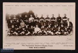 1908 Australian Wallabies Rugby Postcard: Fine well-known team shot in training gear of the first