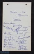 1954 Victoria v Fiji Rugby Autographs: Great sheet of all 15 home signatures, including Laurie