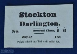 The Stockton And Darlington Railway 1840s Paper Ticket - An early Paper Ticket for travel along this