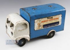 Tinplate Tri-ang Toys Mobile Cafeteria Van in blue & white, with original decals some signs of wear,