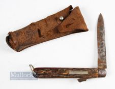 S W Silver & Co, Cornhill Horn Handle Knife, blade bears makers markings, spring release needs