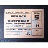 1971 France v Australia Rugby Ticket: From the Test match played at Stade Colombes, Paris, 27th