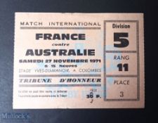 1971 France v Australia Rugby Ticket: From the Test match played at Stade Colombes, Paris, 27th