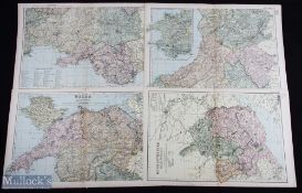 c1898 Bacon Geographical Colour Welsh Wales Maps, to include Monmouth and the River Wye, Wales,