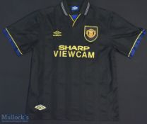 1993-1995 Manchester United Black Away Football Shirt sponsored by Sharp Viewcam, made by Umbro,