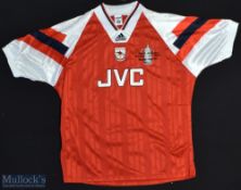 1993 Arsenal FC FA Cup Winners Football Shirt sponsored by JVC, Made by Adidas, Short Sleeve, Size