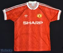 1990-1992 Manchester United Home Football Shirt sponsored by Sharp, made by Adidas, Short Sleeve,