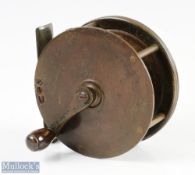 19th century J Kenny, Dublin 3 ½" crank wind reel bronzed finish brass, crank handle with horn knob,