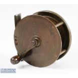 19th century J Kenny, Dublin 3 ½" crank wind reel bronzed finish brass, crank handle with horn knob,