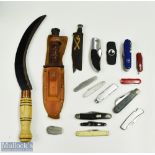 Fishing & Sport Knifes, Penknives, hand scythe, a mixed lot with noted items, a Bowie Knife a
