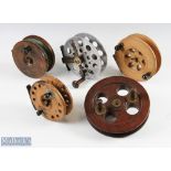 Collection of 5x large centre pin reels: unnamed 5 ½" spool with twin brass mounted handles, brass