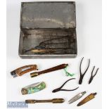 Tin of Fishing Tools + Accessories, to include a selection of disgorging tools - one made of bone,