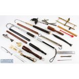 Collection of fishing equipment - Hardys Alnwick brass scales 50lb, 3 turned wood priests, 2 alloy