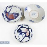 3x Chinese Export Pottery decorated with Fish Crab Ko Carp, to include a Ko Carp bowl 21cm diameter,