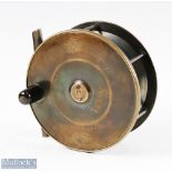 Early Hardy Bros Birmingham 4.5" all brass salmon reel face stamped with rod in hand trademark and