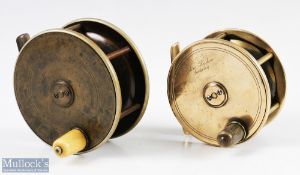 Two John Lyden, Galway brass reels 4" brass and ebonite reel with plated metal rims, horn handle,