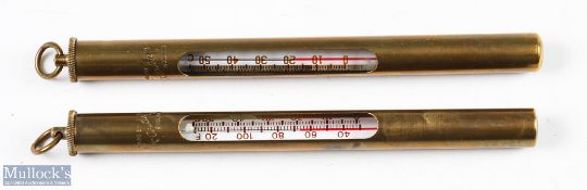2x Hardy Brass Thermometer: Hardy brass case having glass thermometers in with screw top