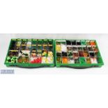 A plastic display case with 26 compartments with trout flies, made up of Baby Doll / Fritz /
