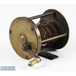 Unnamed 2 ¾" wide drum brass multiplying winch reel with curved crank handle one rolling pillar,