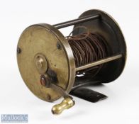 Unnamed 2 ¾" wide drum brass multiplying winch reel with curved crank handle one rolling pillar,