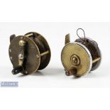 2x S Allcock & Co small fly reels 2 ½" all brass winch wind, black counter balanced handle, on/off